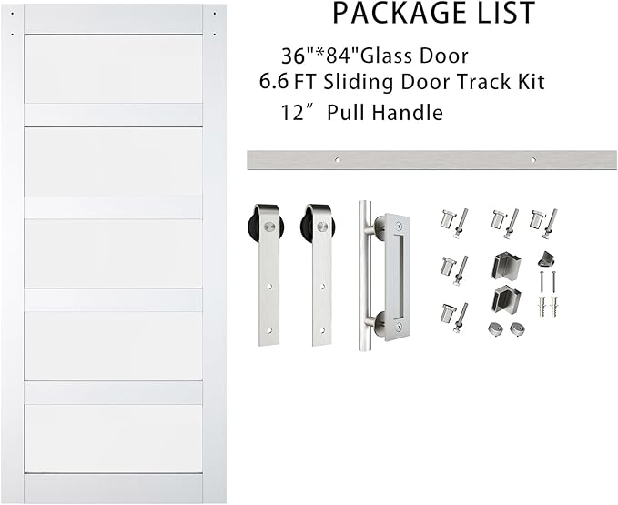 BARNSMITH 36in x 84in 5-Panel Glass Barn Door with 6.6FT Brushed Nickle Sliding Door Hardware Included & Handle, Frosted Glass Solid Wood Water-Proof PVC Surface,Pre-Drilled Easy Assembly,White