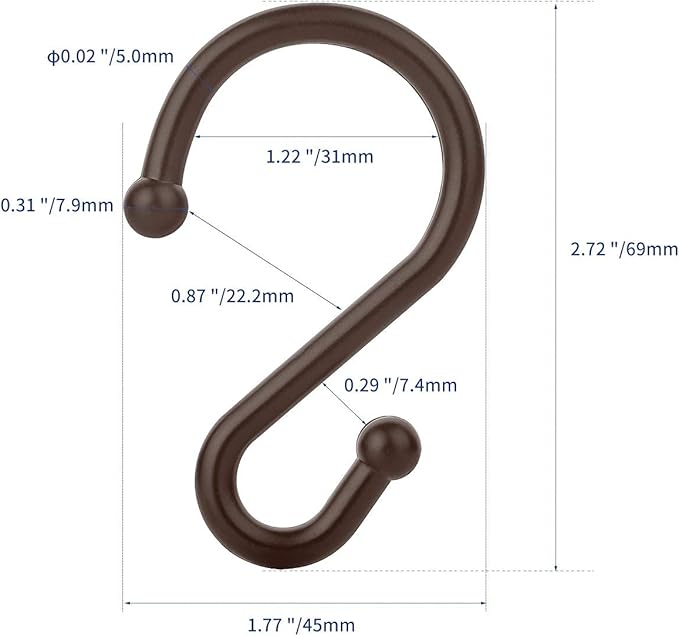 Metal Shower Curtain Hooks，Set of 12 Rings，Rust Resistant S Shaped Hooks Hangers for Shower Curtains, Kitchen Utensils, Clothing, Towels, etc. (Bronze)