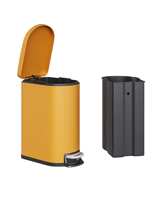 Garvee 2.6 gal / 10 L Metal Bathroom Trash Can with Lid, Slim Waterproof Garbage Can for Bedroom, Small Step-on Trash Bin with Inner Bucket, Rear Handle, Soft Close Lid, Yellow