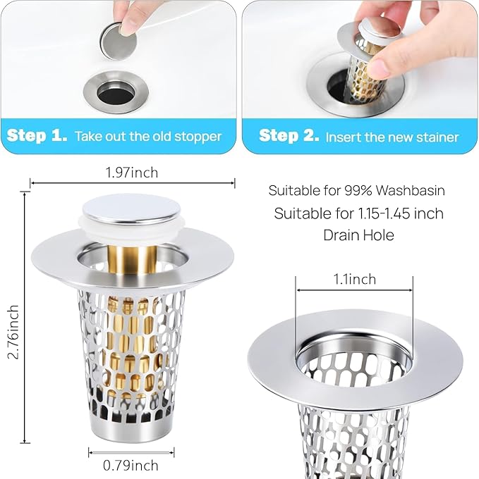 3Pcs 3-in-1 Bathroom Sink Stopper Hair Catcher for 1.15-1.6 in, Universal Stainless Steel Drain Strainer, Pop-Up Bathroom Sink Stopper with Basket