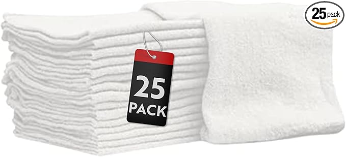 Nabob Wipers Auto Mechanic Shop Towels 25 Pack Bulk Shop Rags 100% Cotton Size 14"x14" Commercial Grade (25 Pack, White)