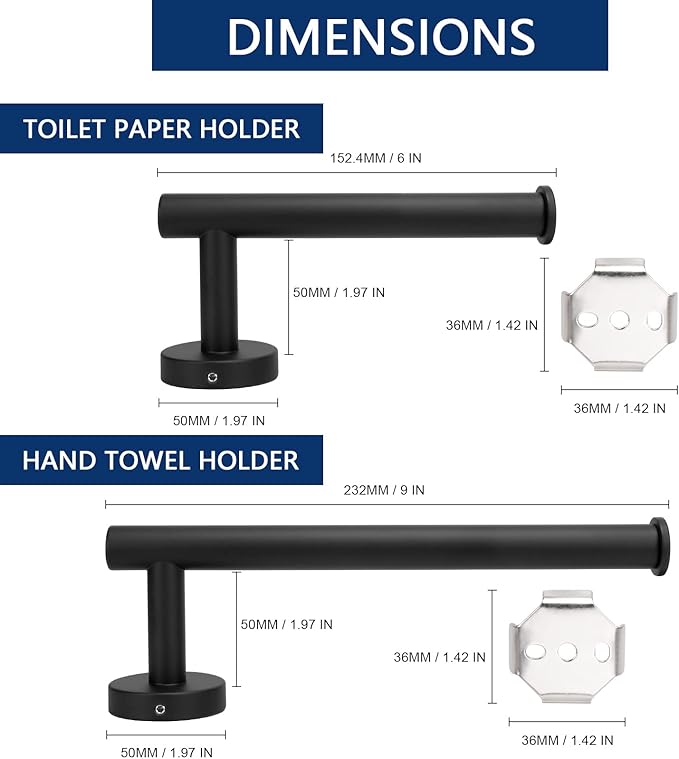 NearMoon Bath Toilet Paper Holder+ Hand Towel Holder, 2 Pieces Bathroom Hardware Set- Premium 304 Stainless Steel Toilet Roll Holder and Towel Rack Wall Mounted for Kitchen (Matte Black)