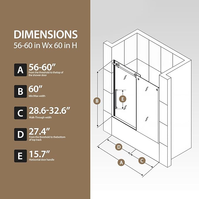 Frameless Bathtub Shower Doors 56-60" W x 60" H, 5/16" Tempered Glass Sliding Shower Door for Bath Tub with Explosion-Proof Film and Nano-Coating, Stainless Steel Components in Chrome