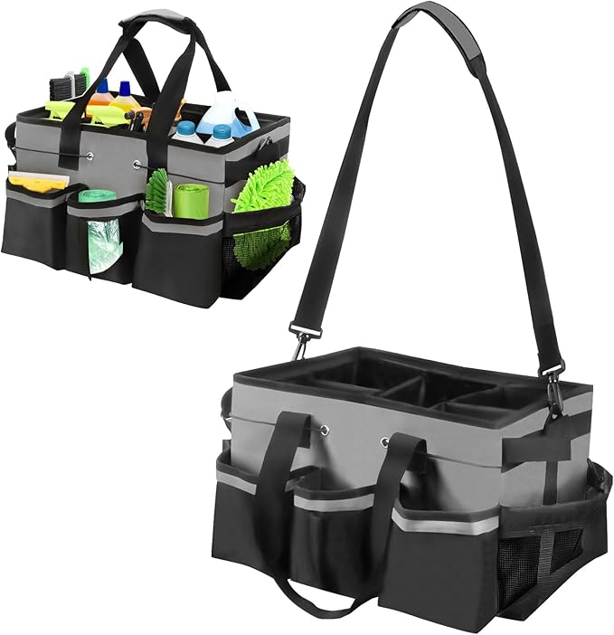 Wearable Cleaning Caddy Organizer with Handle & Shoulder Straps for Cleaners, 5 Compartments, Housekeeping Tote for Kitchen & Bathroom, Car Tool Caddy Organizer Bag (gray)