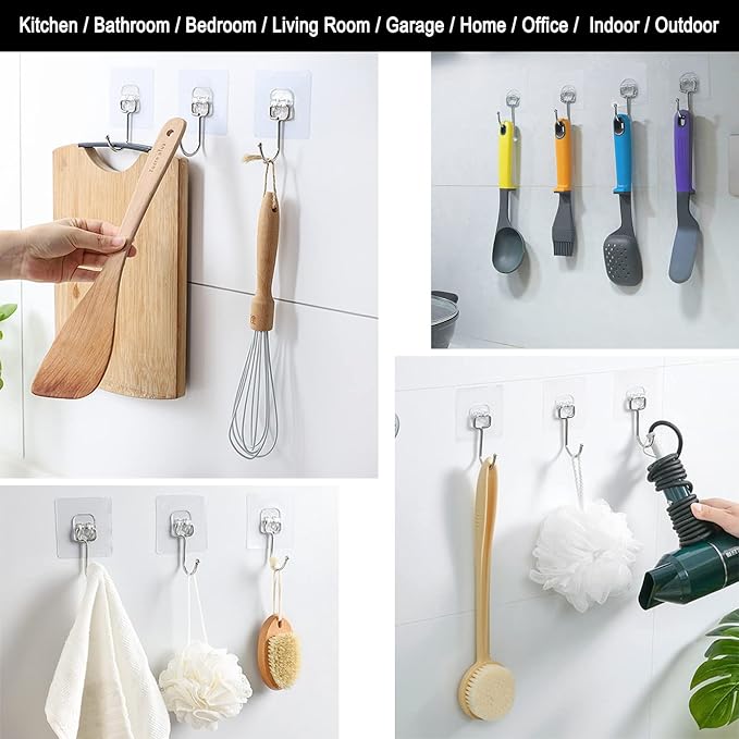 15 pack Large Adhesive Wall Hooks, Damage-Free Waterproof Rustproof 33Ib Max Heavy Duty Hanging Clear Seamless Sticky Utility Hooks, Towel Coat Hangers for Home, Kitchen, Bathroom (Round Head)
