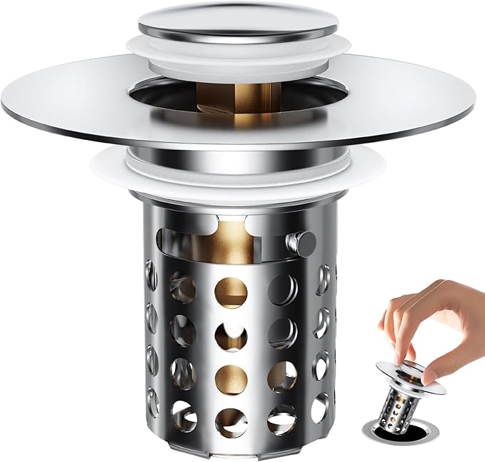 Upgraded Bathroom Sink Stopper, Sink Drain Strainer for 1.1-1.45 Inch, Brass Bullet Core, All Metal Cover, Pop Up Stainless Steel Drain Filter with Basket Hair Catcher, Round Design