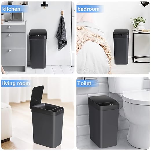 Bathroom Automatic Trash Can 3 Pack 2.2 Gallon Motion Sensor Touchless Small Slim Garbage Can with Lid Smart Electric Narrow Garbage Bin for Bedroom Living Room Office Kitchen (Black)