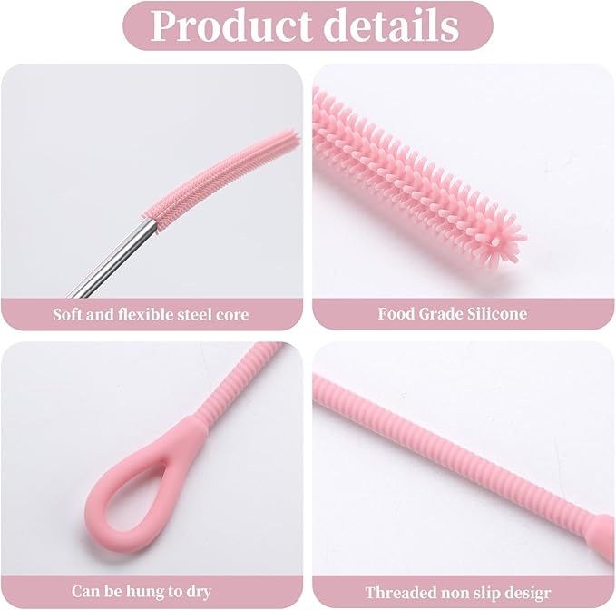2Pcs silicone straw cleaning brushes, extra long, used for Cleaning Glass Metal Smoothie Straws and StrawCups,Non-slip Handle Soft and Bendable, 6mm+9mm. (Pink)