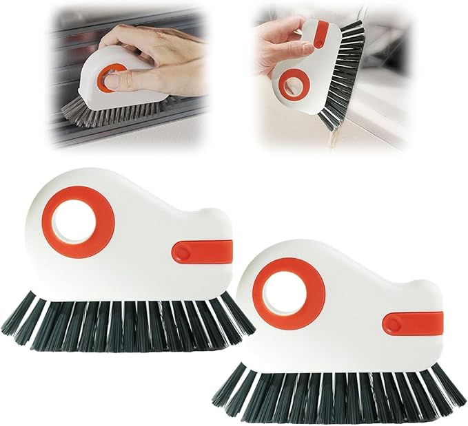 2 in 1 Groove Cleaning Brush, Upgrade Window Track Cleaning Tools, Multifunction Hard Bristle Crevice Cleaning Brush with Hidden Scraper for Sliding Door Track, Window Sill, Window Seal (Orange*2)