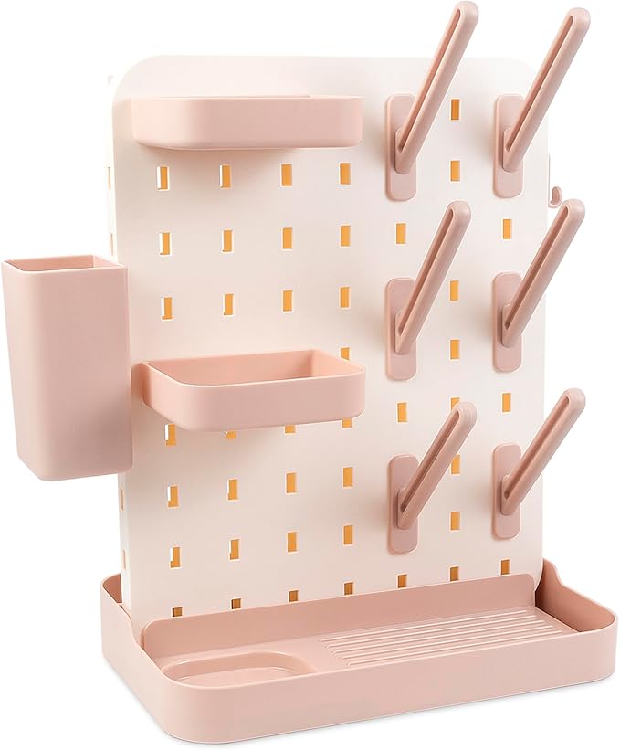 Baby Bottle Drying Rack Space Saving Countertop Vertical Rack with Brushes Holder (Pink)