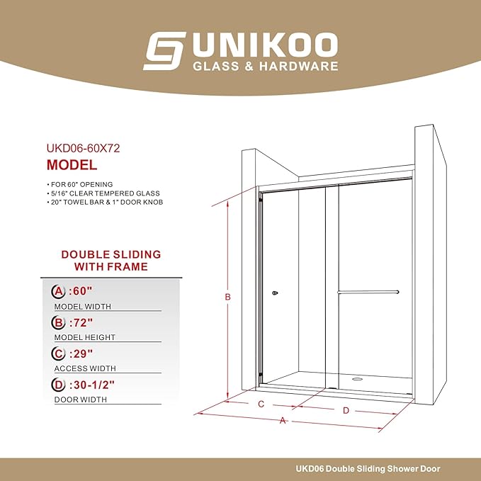 60" W x 72" H Double Sliding Frame Shower Door with 5/16" Clear Tempered Glass,Stainless Steel Roller Brackets,Waterproof Threshold Track,Easy-Cleaning Coating & Towel Bar/Knob, Bright Chrome