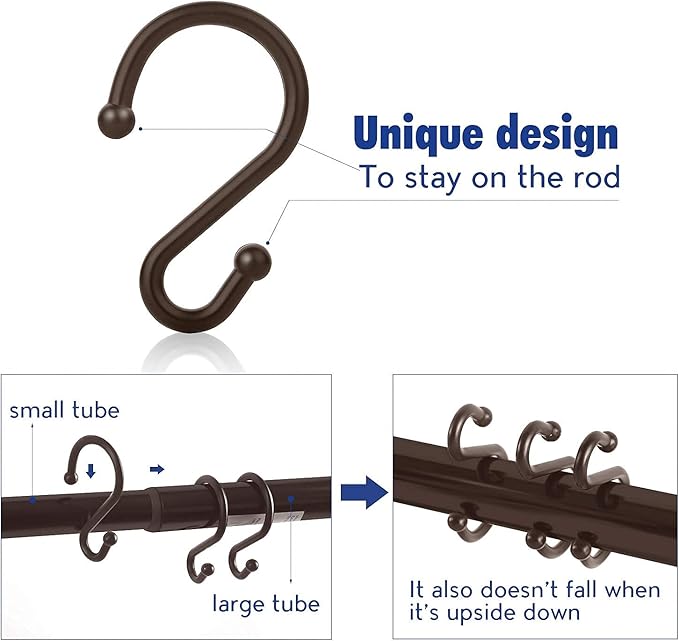Metal Shower Curtain Hooks，Set of 12 Rings，Rust Resistant S Shaped Hooks Hangers for Shower Curtains, Kitchen Utensils, Clothing, Towels, etc. (Bronze)