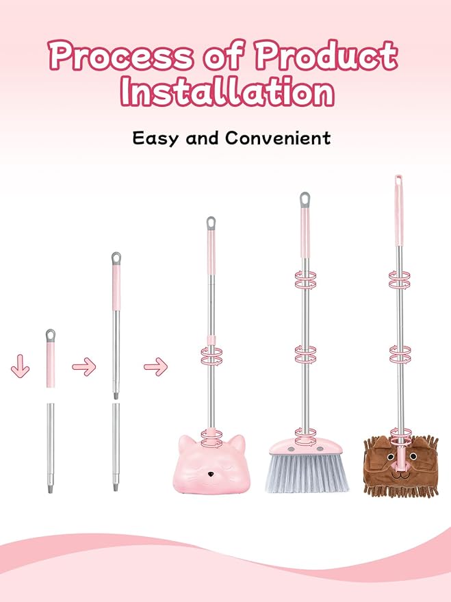 Kids Cleaning Toy 3-Piece Set - Broom, Dustpan & Mop | 28-Inch Mini Broom, Toddler Household Helper, Perfect Tool for Cleaning Tiny Corners, Adorable Cartoon Style (Pink)