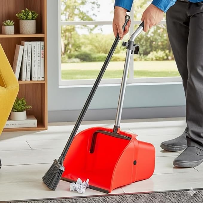 Large Debris Dustpan, 16W x 14D inches, 24-inch Steel Handle, Red