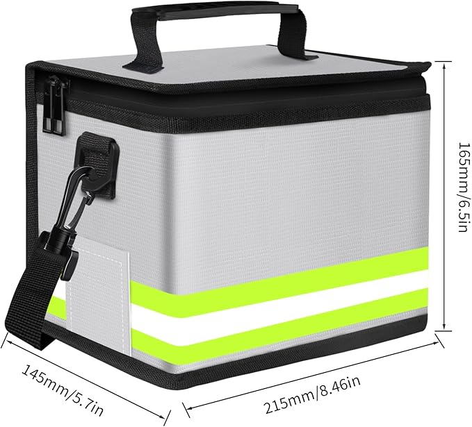 Upgraded Lipo Battery Fireproof Explosionproof Bag(8.5 x 5.7 x 6.5 inch),4 Layers of Heat Insulated Materials with Waterproof Zipper/Reflective Strip,Comfortable Handle/Portable Shoulder Strap