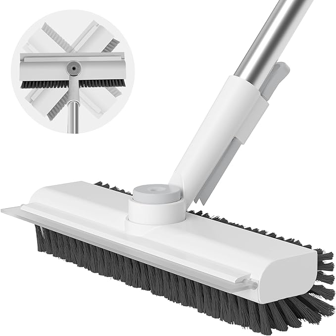 Floor Scrub Brush with Long Handle, 3 in 1 Scrape and Heavy-Duty Stiff Bristle Scrubber Brush for Cleaning Shower Bathroom, Patio, Pool, Garage, Kitchen, Wall and Deck (White, 1 Pack)