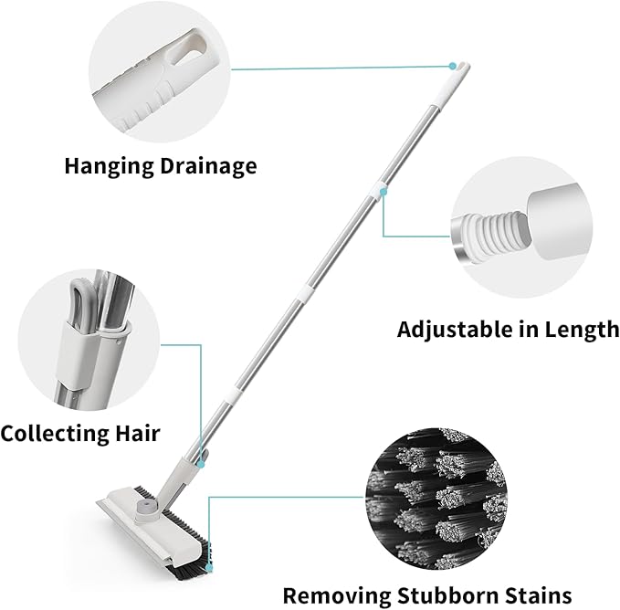 Floor Scrub Brush with Long Handle, 3 in 1 Scrape and Heavy-Duty Stiff Bristle Scrubber Brush for Cleaning Shower Bathroom, Patio, Garage, Kitchen, Wall and Deck (White, 2 Pack)