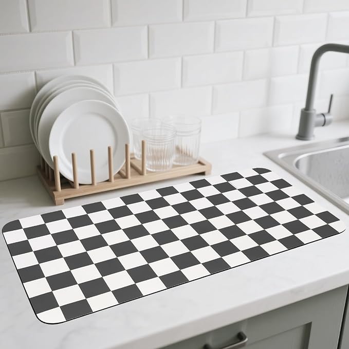 Checkered Dish Drying Mat for Kitchen Counter, Absorbent Non-Slip Coffee Mat, Heat Resistant Mat for Countertops Coffee Bar Decor 17" x 32" Black
