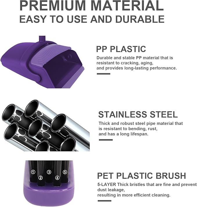 Purple Broom with Dustpan Combo Set, 51" Long Handle Household Kit for Home for Pet Hair