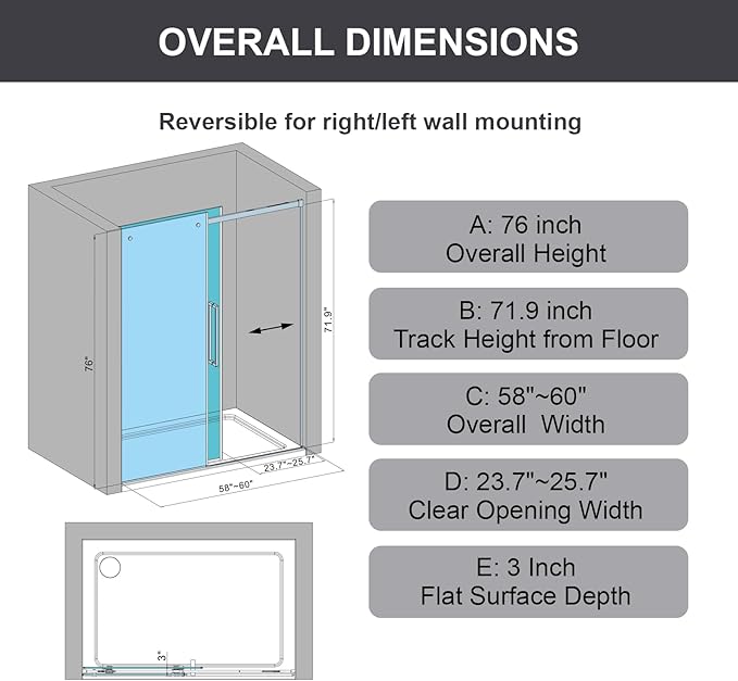 Luxury Soft-Closed Frameless Sliding Shower Door, 58–60" W x 76" H, 3/8" (10mm) Tempered Glass, Nano Coating, 304 Stainless Steel, Premium Quiet Close System - Bright Chrome
