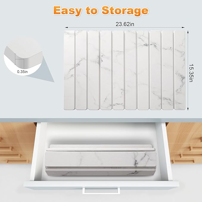 Large Stone Dish Drying Mat, Collapsible Stone Drying Mat for Kitchen Counter 24"(L)×16"(W) Absorbent Diatomaceous Earth Drying Mat, Quick Dish Drying Mats for Cups Dishes Bathroom Marble Pattern