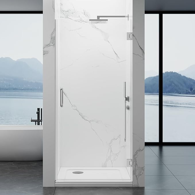 Framelss Hinged Shower Door, 36" W x 76" H Single Swing Pivot Shower Door, 3/8" (10mm) Tempered Glass with Nano Coating, Stainless Steel Handle, Glass Door for Walk-in Shower - Bright Chrome