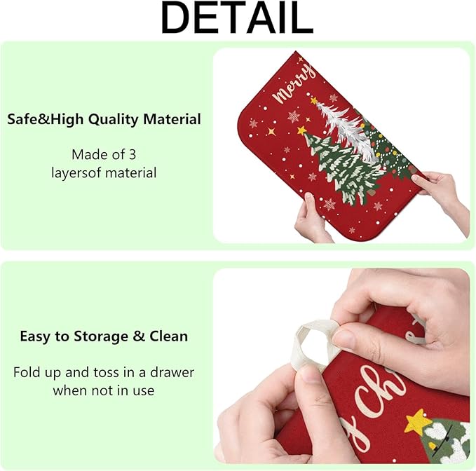 Christmas Kitchen Countertop Dish Drying Mat, Red Christmas Tree Snowflake Pattern Microfiber Kitchen Drying Mat, Washable Absorbent Countertop Xmas Winter Holiday Dish Mat Drainer,18x24Inch