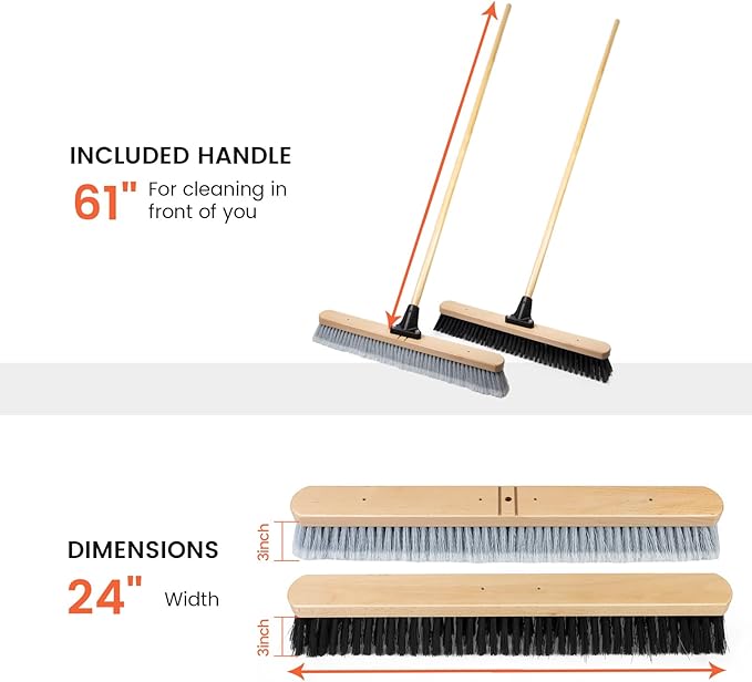 ALANNG 24” Push Brooms for Indoor and Outdoor, Heavy Duty Broom for Sweeping with 61” Wood Handle, Soft Bristle and Stiff Bristle Broom Set for Shop, Garage (2 Pieces)