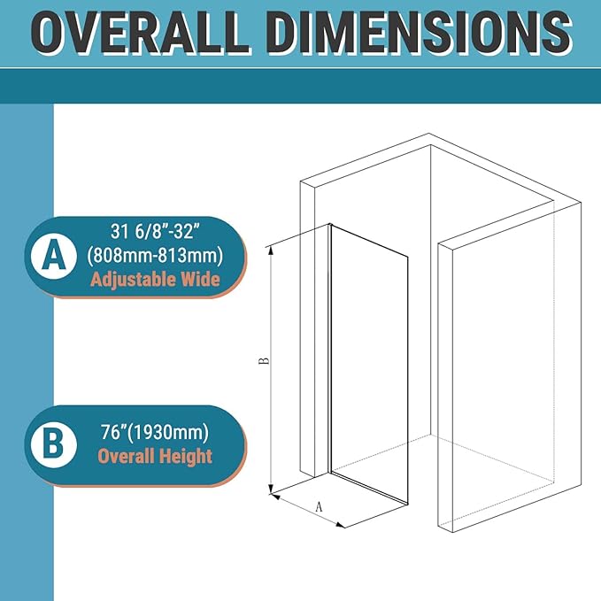 Sunrosa 32"×76" Shower Glass Panel,8mm Thick Shower Screen,Matte Black Semi-Frameless Bathroom Shower Door, Easy to Clean