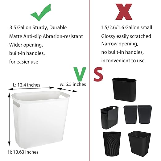 rejomiik Small Trash Can, 3.5 Gallon Garbage Can Slim Waste Basket Plastic Trash Bin Container with Handles for Bathroom, Bedroom, Home, Office, Dorm Room, Kitchen, Rectangular, White