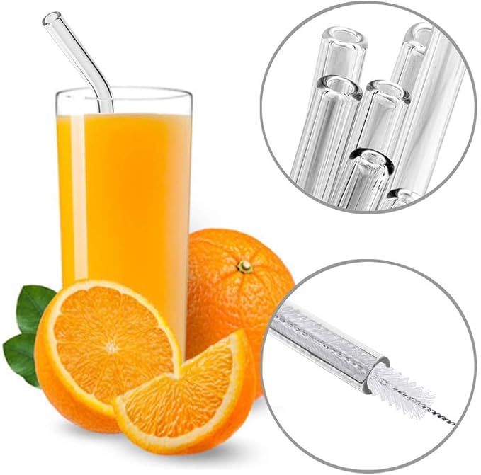 16 Pack Reusable Glass Straws,Set of 6 Straight and 6 Bent with 4 Cleaning Brush,Perfect for Smoothies,Tea, Juice, Milkshakes(8.5''x10 MM)