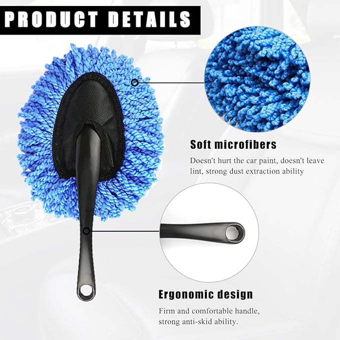 2 PCS Car Dash Duster Brush, Super Soft Microfiber Multi-Functional Car Cleaning Brush, Scratch Free Dash Dusting Tool with a Anti-Skid Handle for Vehicle Home Kitchen Cleaning (Blue)