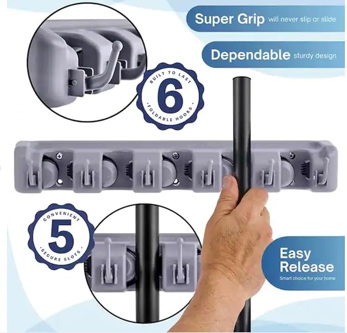 Wall Mounted Broom and Mop Holder, 16 Inch Plastic Organizer, 6 Foldable Hooks, 5 Secure Slots, Holds 11 Cleaning Items for Garage and Home, Gray. (1)