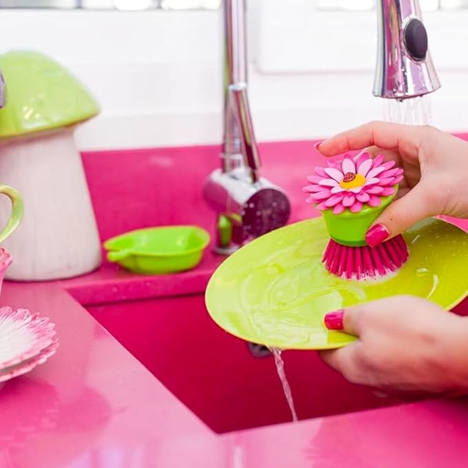 Vigar Flower Palm Dish Scrub Brush with Holder, Perfect Kitchen Brushes for Dishes, Sink Brush and Cleaning Brushes for Household Use, Pink, Green