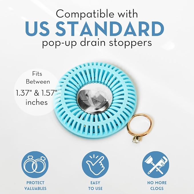 Bathroom Sink Hair Catcher for Pop-Up Drain – SinkRing 1.57" Precision Strainer for Bathroom Sink Drains | Clog-Free Hair Trap for Contacts, Earrings, Jewelry | No Suction or Screws – Aqua Blue