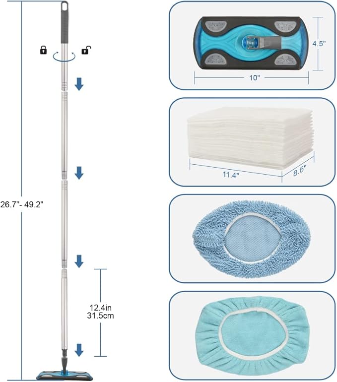 Layers Sweeper Mop Starter Kit, Small Sweeping Flat Mop with 2 Reusable Microfiber Pads,30pcs Disposable Dry Cloths, Dust Mop for Hardwood Floor Cleaning