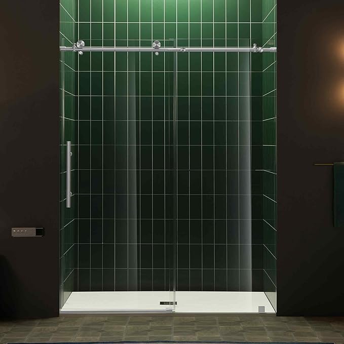 Woodbridge 56-60" W x 80" H Frameless Single Sliding Shower Door with Tempered Glass & Explosion Proof Film in Chrome Finish