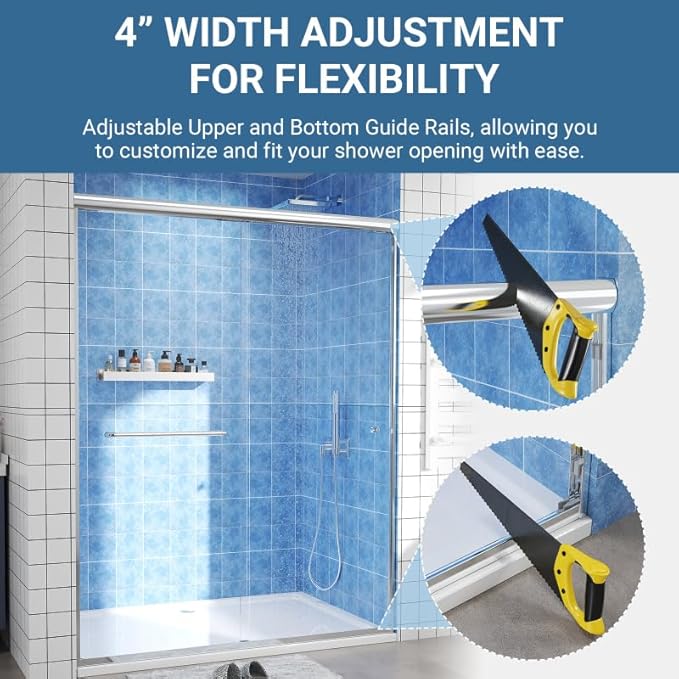 Glass Sliding Shower Door 56-60" W x 72" H, Semi Frameless Double Sliding Bathroom Shower Door, 1/4"(6mm) Clear Tempered Glass, Nano Easy Cleaning Coated, ANSI Cerified, Polished Chrome