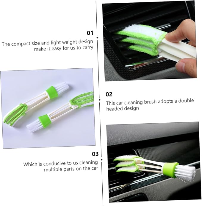 GLEAVI 3pcs Double-Ended Car Air Vent Cleaning Brush Set Green, Air Conditioner Duster for Interior Vents and Dashboard Detailing Tools