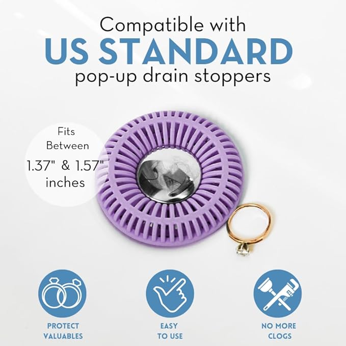 Bathroom Sink Hair Catcher for Pop-Up Drain – SinkRing 1.57" Precision Strainer for Bathroom Sink Drains | Clog-Free Hair Trap for Contacts, Earrings, Jewelry | No Suction or Screws – Violet