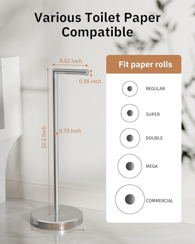 BWE Brushed Nickel Toilet Paper Holder Stand SUS304 Stainless Steel Modern Freestanding Toilet Paper Roll Tissue Holder for Bathroom, Toilet Paper Stand with Heavy Weighted Base