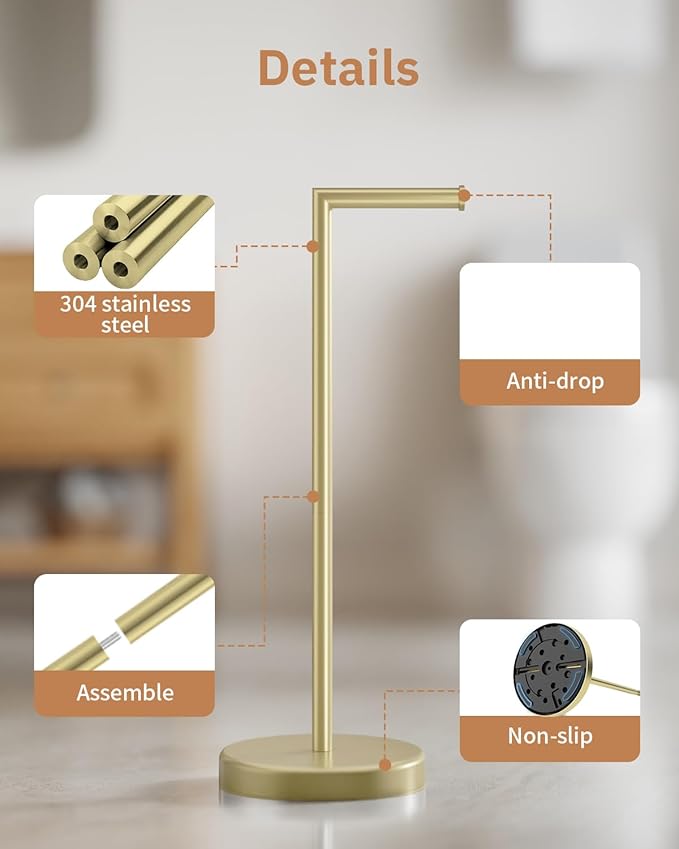 BWE Brushed Gold Toilet Paper Holder Stand, SUS304 Stainless Steel Modern Free Standing Toilet Paper Holder for Bathroom and Washroom with Heavy Weighted Base