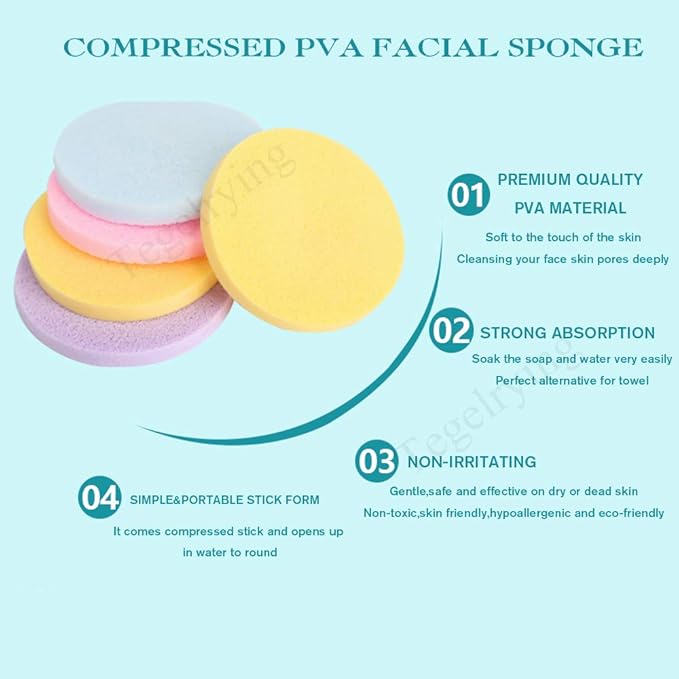 Facial Sponge Compressed,60 Pcs PVA Professional Makeup Removal Wash Round Face Sponges Spa Pads Exfoliating Cleansing for Women,Yellow,Pink,Blue,Purple