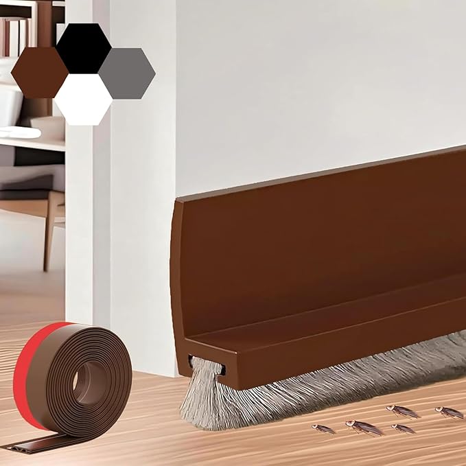 39-inch Door Draft Stopper with Brush - Adhesive Weather Stripping Seal for Exterior/Interior Doors | Under Door Sweep Blocks Drafts, Noise & Dust | Fits 1/4"-1" Gaps (Brown)