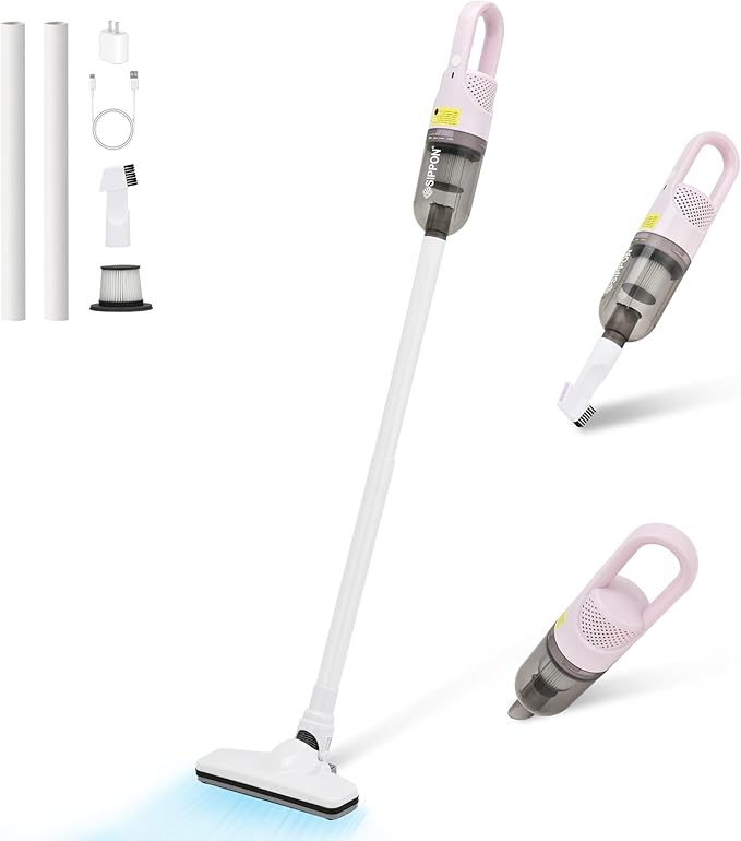 6-in-1 Lightweight Stick Vacuum Cleaner with 100W Powerful Motor, Mini Portable Household Handheld Vacuum Cleaner for Domestic Hard Floors, Carpets and Pet Hair(Pink Cordless with Plug)