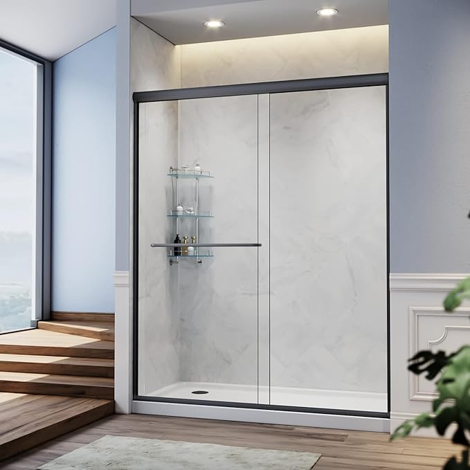 SUNNY SHOWER 58.5-60 in.W x 72 in.H Glass Shower Door, Semi Frameless Double Sliding Shower Door, 1/4" Clear Glass, Black Finish