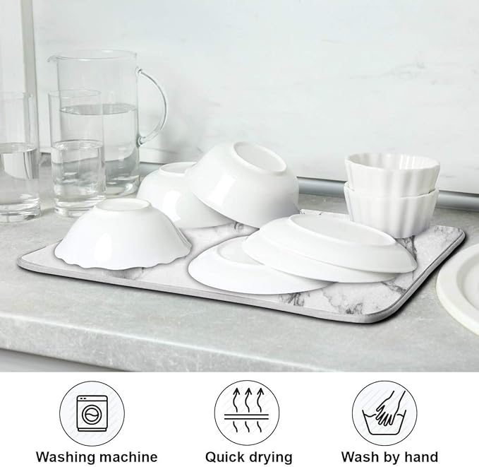 Black Grey Marble Dish Drying Mat 16x18 for Kitchen White Marble Print Dishes Pad Dish Drainer Rack Mats Absorbent Fast Dry Kitchen Accessories