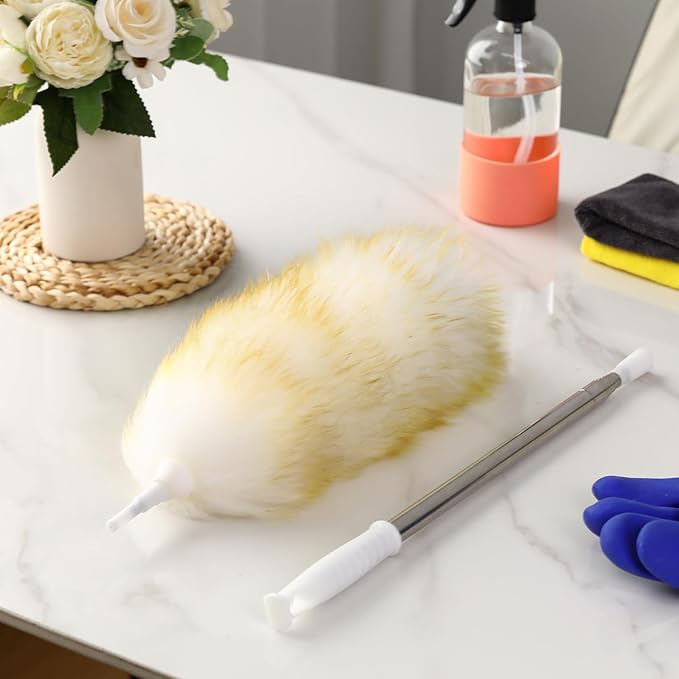 Remerry Lambswool Cleaning Duster Extendable Feather Duster 30-96 Inch with Stainless Steel Handle Removable Head Multi Surface Cleaning Tool for Ceiling Fan Window Furniture Bookshelf Home Office