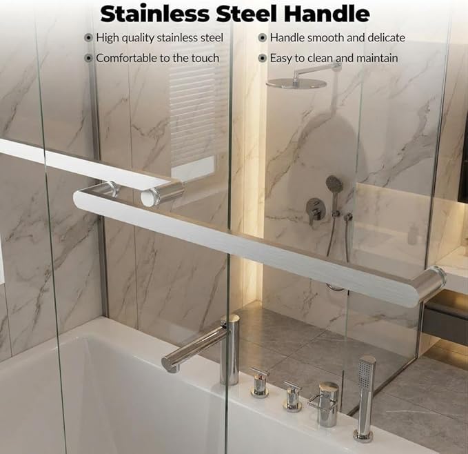 Bathtub Shower Door, 60" W x 59" H Sliding Tub Door with Dual Panels, 6mm (1/4") SGCC Tempered Glass with Explosion-Proof Film & Protective Coating, Brushed Nickel Aluminum Alloy Frame