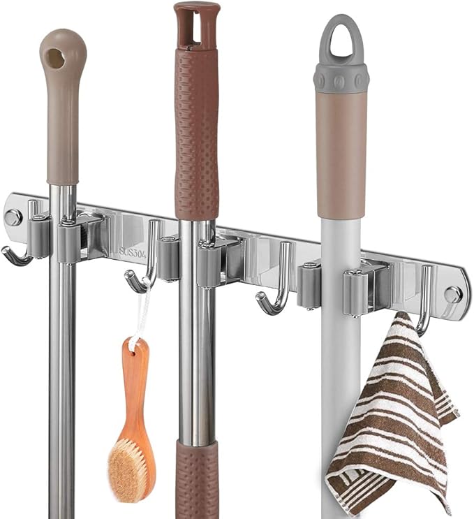 Broom Closet Organizer Wall Mounted, Fyrcomft Heavy Duty Stainless Easy Install Broom Mop Holder with 3 Racks 4 Hooks (Grey)